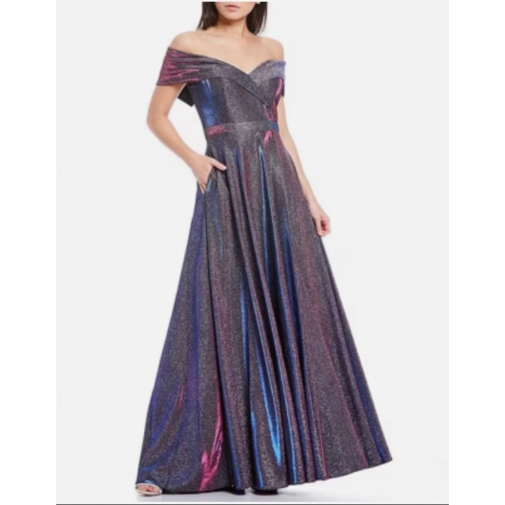 XSCAPE Iridescent Metallic Off Shoulder Gown Blue Pink Silver Size 6